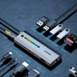 Hub chuyển PISEN Type-C PGM-HB42 Led RGB, 11 trong 1 ( Type-C sang HDMI, VGA, USB3.0, USB-C(10G), USB2.0x2, PD, Lan, SD/TF, Audio  ), Model: PGM-HB42