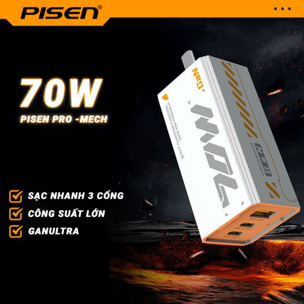 Sạc nhanh đa năng 3 cổng PISEN Pro -Mecha GaNUltra 70W 2C1A CC1200