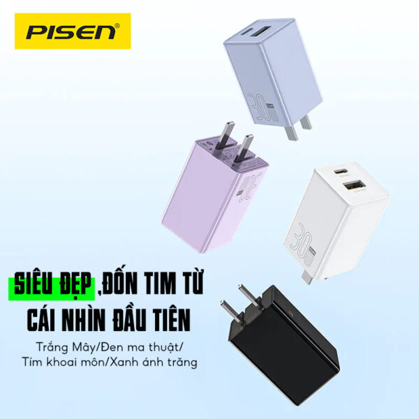 Sạc PISEN QUICK 30W 1C1A GaN Smart Fast. Model : TS-C185